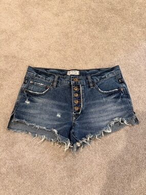 Free People Dark Blue Distressed Denim Button-Front Shorts